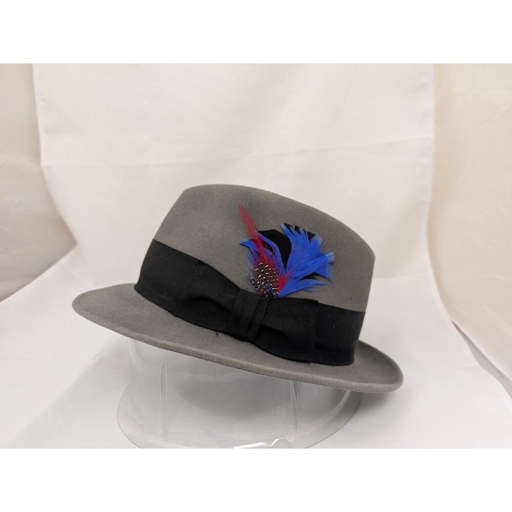 VTG DOBBS USA FUR FELT FEDORA HAT GRAY MEN'S FEATHER BLACK BAND EU 57 US 7 1/8